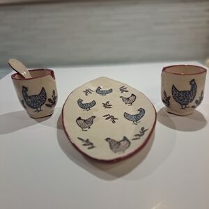 Chicken Hen Platter, 2  Creamers-Sugar, Spoon - Ceramic Handmade Pottery SIGN